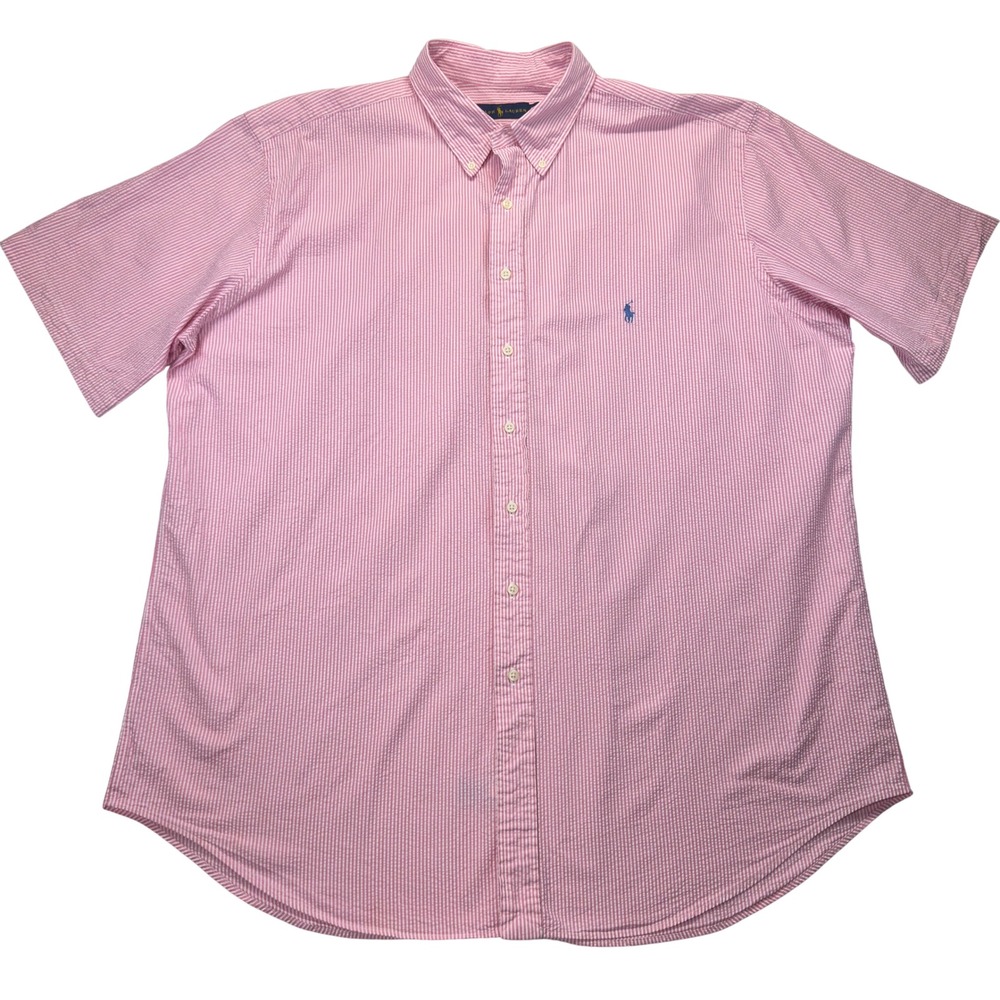 Ralph Lauren Mens 2XLT Seersucker Shirt Pink Stripe Short Sleeve Pony Logo